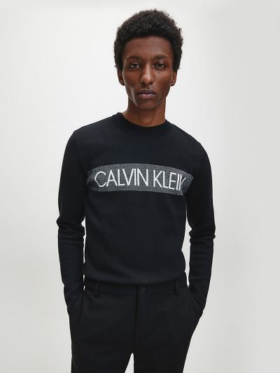 Calvin Klein Ruhák HU294080 | Calvin Klein Cotton Blend Logo Férfi Pulóver Fekete